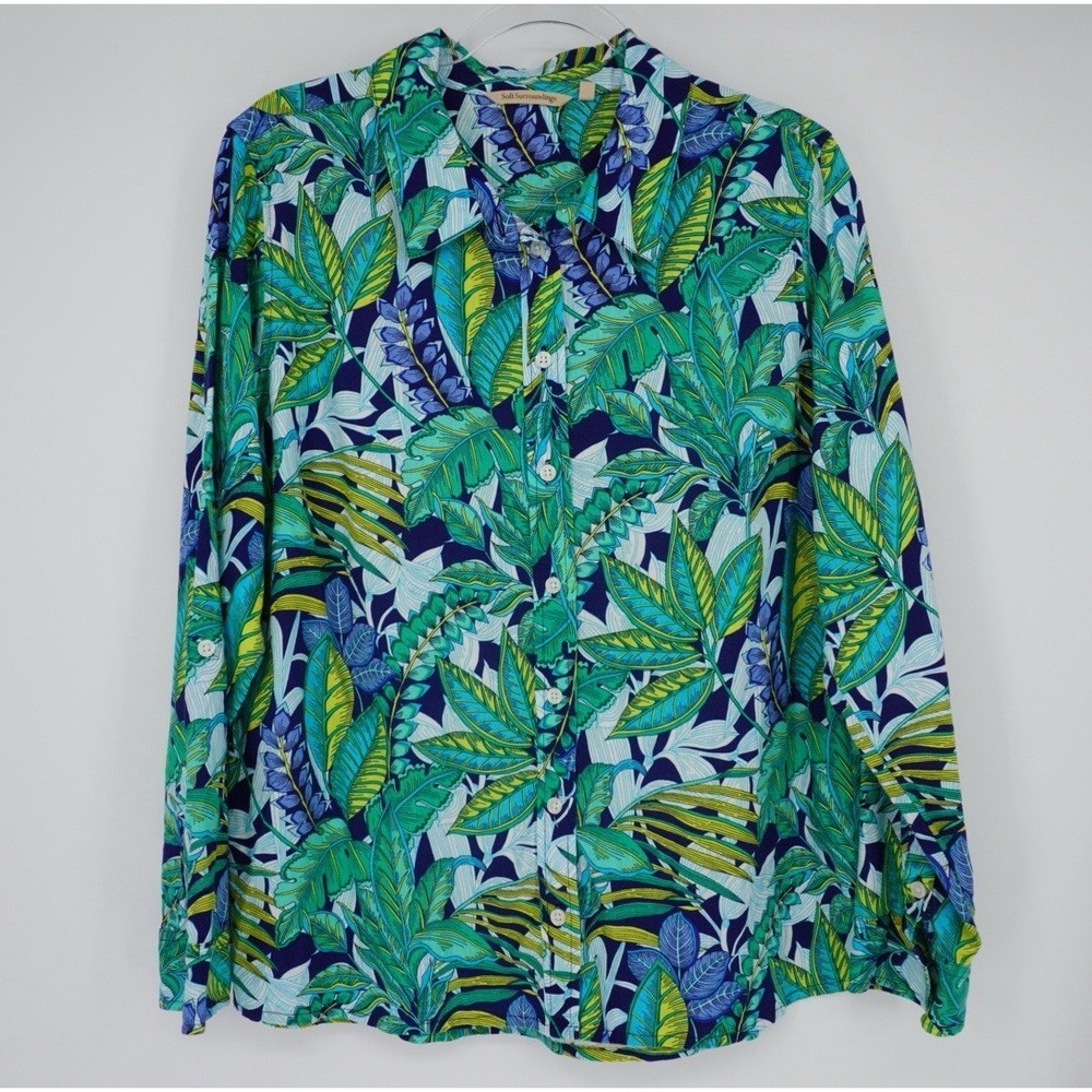 Soft Surroundings Women's Floral Linen Blend Button-Up Shirt XL Hawaiian